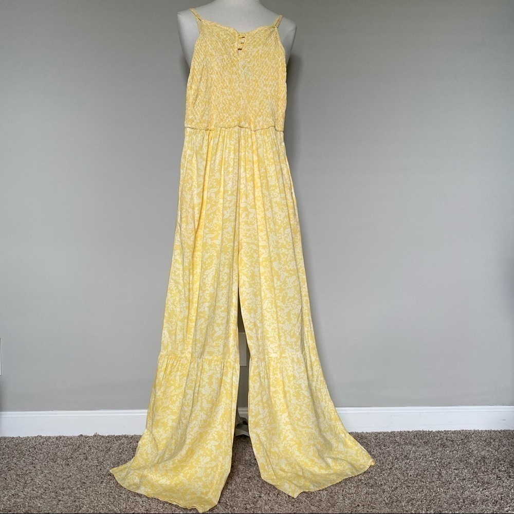 Sincerely Jules Yellow Floral Spaghetti Strap Boho Flare Jumpsuit, Size Large